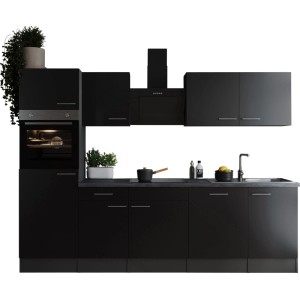 Respekta Küchenzeile Oliver 280 cm in Schwarz mit E-Geräten und Spüle.