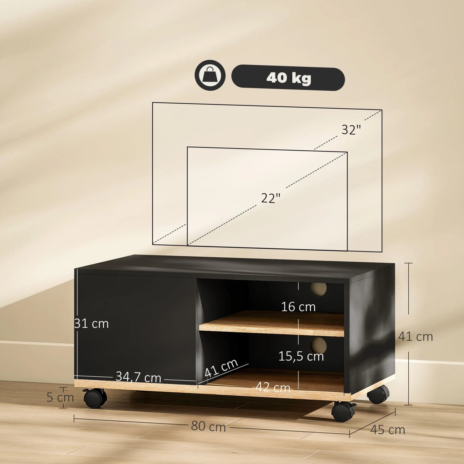 HOMCOM TV-Board Schwarz Eiche auf Rollen, mit offenem Fach und Schrank. Kompakter TV-Schrank für TVs bis 32 Zoll.