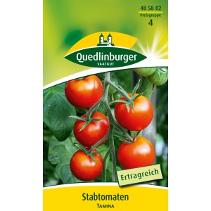 Abbildung der Quedlinburger Stab-Tomate 'Tamina' auf der Samenpackung.