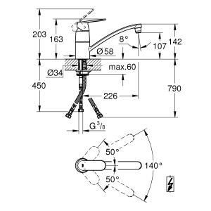 Technische Zeichnung: Grohe Eurosmart Cosmopolitan Spültischarmatur, Maße und Details.
