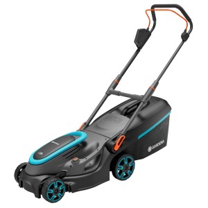 Gardena Akku-Rasenmäher PowerMax 37/36V mit Akku und Ladegerät. Rasenmäher in Schwarz und Türkis.