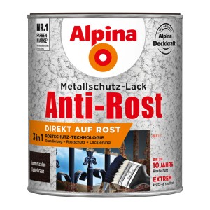 Dunkelbraune Alpina Metallschutz-Lack Dose mit Hammerschlag-Effekt und Anti-Rost Formel.