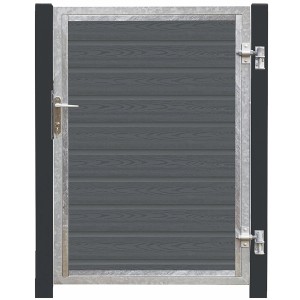 Einzeltor Artura WPC Schiefergrau mit grauschwarzen Pfosten, Ansicht von vorn.