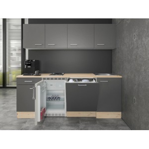 Flex-Well Büroküche Morena 210 cm, basaltgrau/San Remo Eiche hell, mit E-Geräten und Spüle.