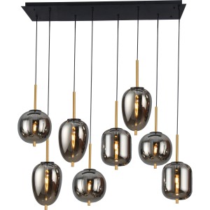 Moderne Globo Pendelleuchte Blacky, 8-flammig, mit rauchfarbenen Gläsern und schwarzem Metallelement.