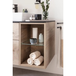 Fackelmann Oxford Badregal in Nature Oak mit Glasboden und Handtüchern.