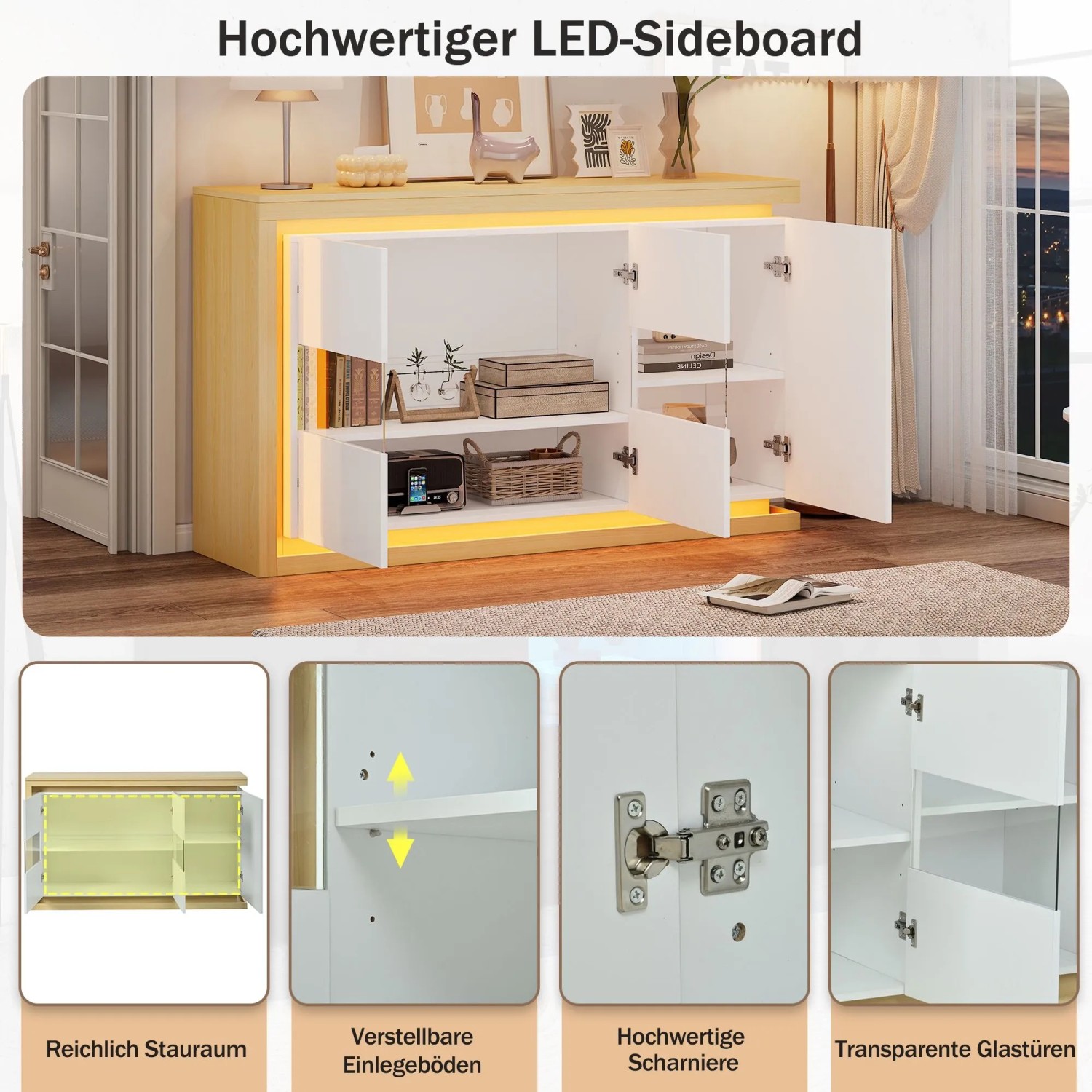 okwish Sideboard mit LED Türen Fächern Wohnzimmer Büro 140x40x84 cm Weiß_10