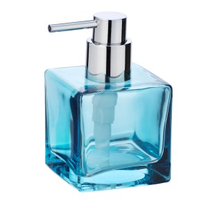 Blauer Wenko Seifenspender Lavit aus Echtglas, kantiges Design mit Chrom-Pumpe.