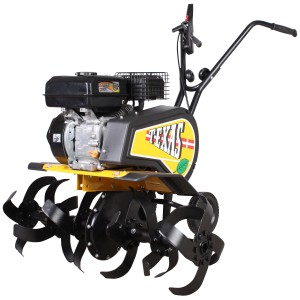 Texas Benzin-Bodenhacke Lilli 535TG mit schwarzen Hackmessern und gelbem Gehäuse.