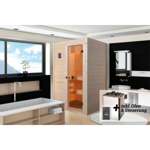 Weka Massivholzsauna Valida mit Glastür und 4,5 kW Ofen Sparset im Badezimmer.