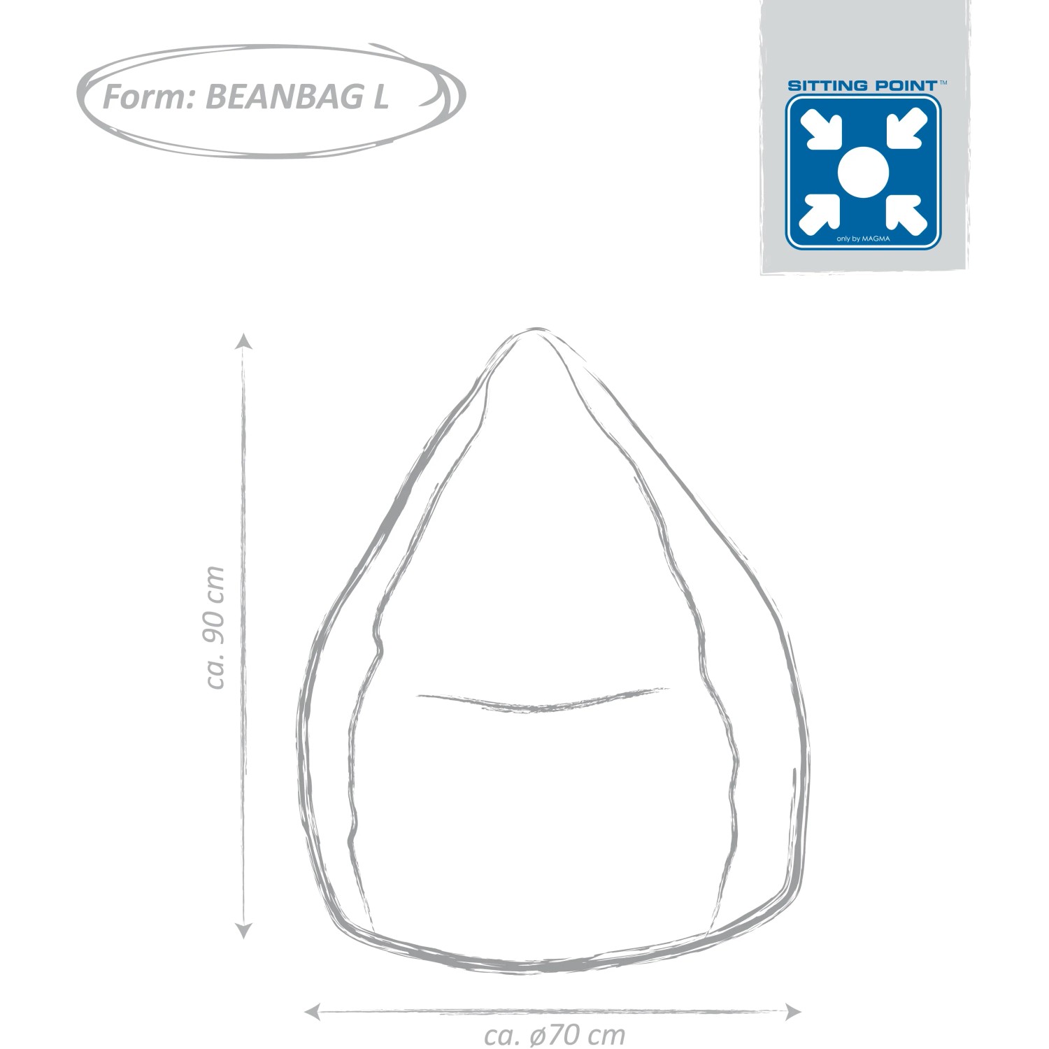 Skizze: Sitting Point Sitzsack BeanBag Fluffy, 90x70cm, Form BeanBag L, für Kinderzimmer.