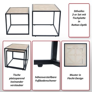 2er-Set Beistelltische mit Rattan-Optik Tischplatte und schwarzem Metallgestell.