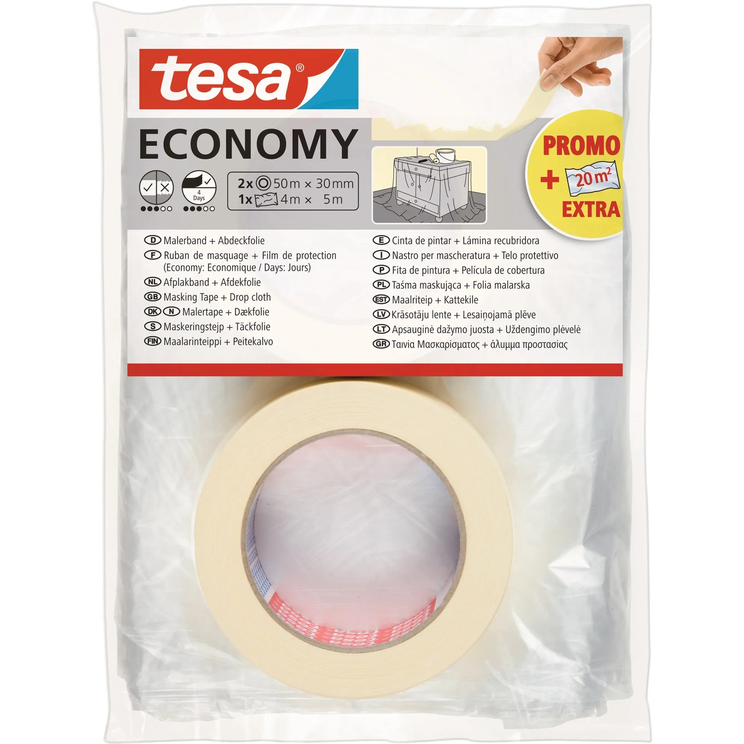 Tesa Malerband-Set Economy mit 2 Rollen Klebeband und Abdeckfolie.
