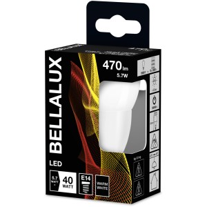 Bellalux E14 LED-Lampe in Tropfenform, 4,9W, 470lm, warmweiß, in Produktverpackung.