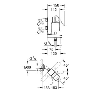 Technische Zeichnung: Grohe Eurostyle Cosmopolitan Wannenbatterie mit Anschlusswinkel 45°.