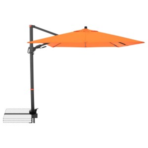 Quadratischer, orangefarbener Ampelschirm (210x210 cm) mit Kurbelmechanik.