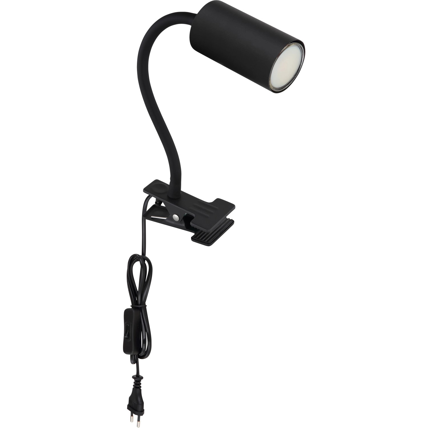 Schwarze Globo Klemmleuchte Robby mit Flexarm, ideal als flexible Lichtquelle.