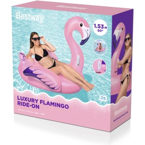 Verpackung des Bestway Schwimmtier Luxury Flamingo, ein rosa Luftmatratze in Flamingoform.