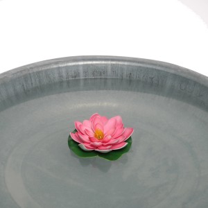 Schwimmende, pinke Seerose (Ø 15 cm) als Gartendeko in einer Wasserschale.