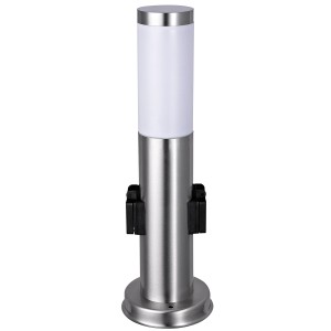 Moderne Globo Sockelleuchte aus Edelstahl mit 2 Steckdosen für den Außenbereich.