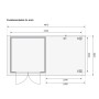 Fundamentplan des Karibu Express Gartenhauses Speedy A Set mit Anbaudach. Zeigt Maße und Aufbau des Holz-Gartenhauses.