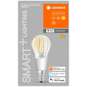 Ledvance Smart+ Filament LED Lampe, Mini Birne, E14, dimmbar, warmweiß.