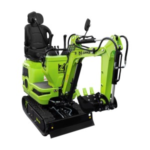 Zipper Benzin-Minibagger ZI-MBG600H, grüne Baumaschine mit Gummikette und Schaufel.