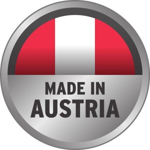 Symbol: Made in Austria. Österreichische Flagge im silbernen Kreis.