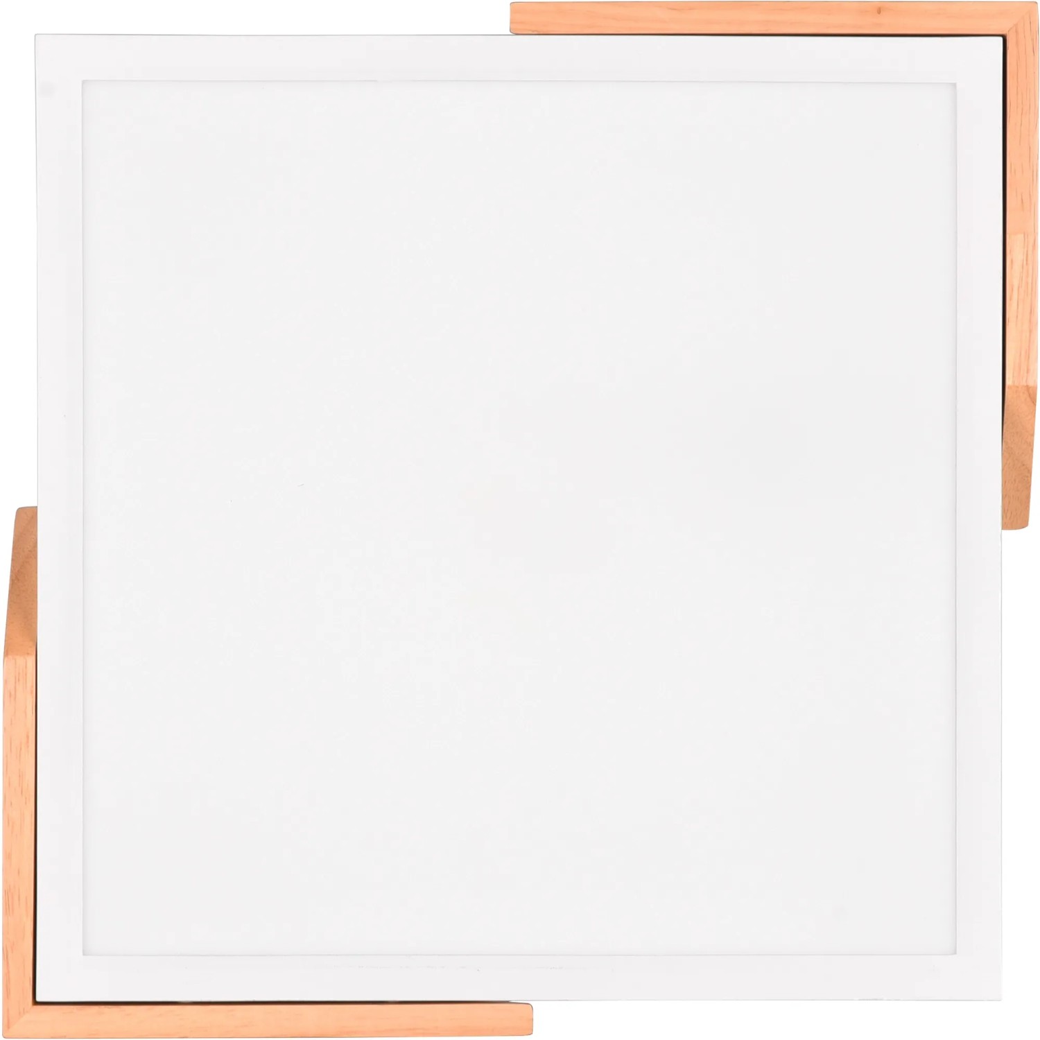 Quadratische LED Deckenleuchte Meta, weiß matt mit Holzapplikationen.