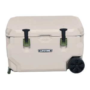 Beige Lifetime Kühlbox Premium, 61,5 l, mit Rädern und Zugstange.