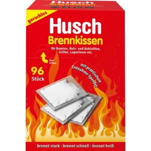 Husch Brennkissen, 96 Stück, für Kamin, Ofen & Grill. Geruchlose Anzünder im roten Karton mit Entnahme-Spender.