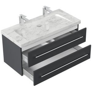 Posseik Badmöbel-Set Yamo, 100 cm, Grafit, mit Marmor Carrara Waschbecken und zwei Schubladen.