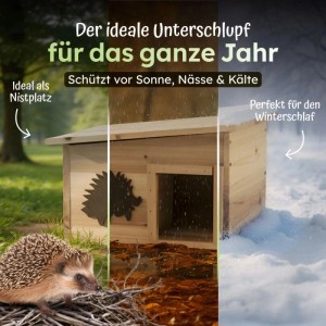 Winterfestes Igelhaus aus Holz, 32x26 cm, mit Igel-Silhouette. Ideal zur Überwinterung im Garten.