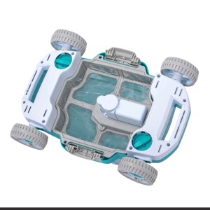 Bestway AquaTronix G200 Poolroboter, Unterseite. Weiß-türkiser Akku-Poolreiniger mit grauen Rädern und sichtbarem Filterfach.