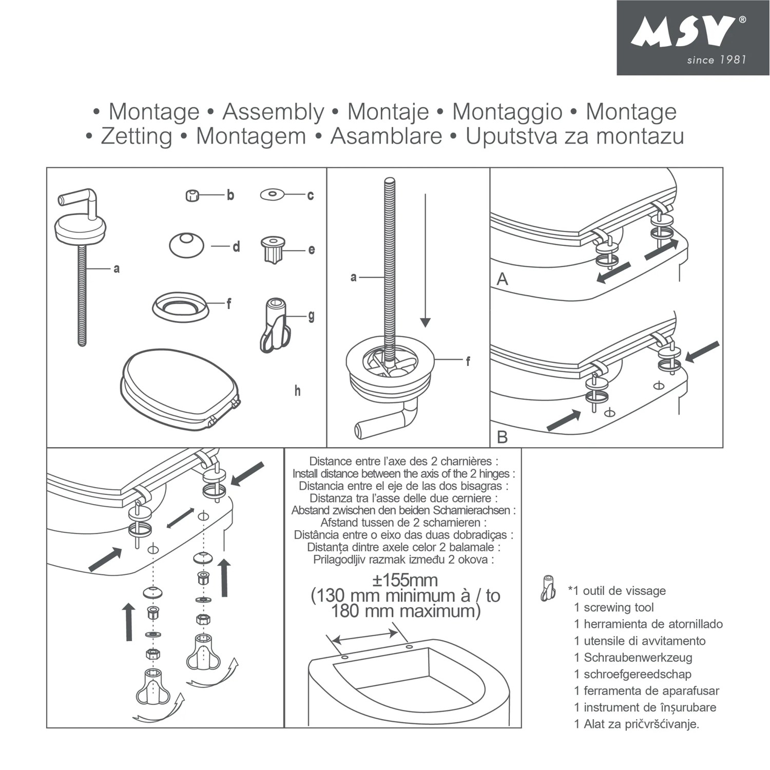 Montageanleitung für MSV WC-Sitz Cleo MDF, weiße Toilettenbrille mit Zubehör und Maßen.