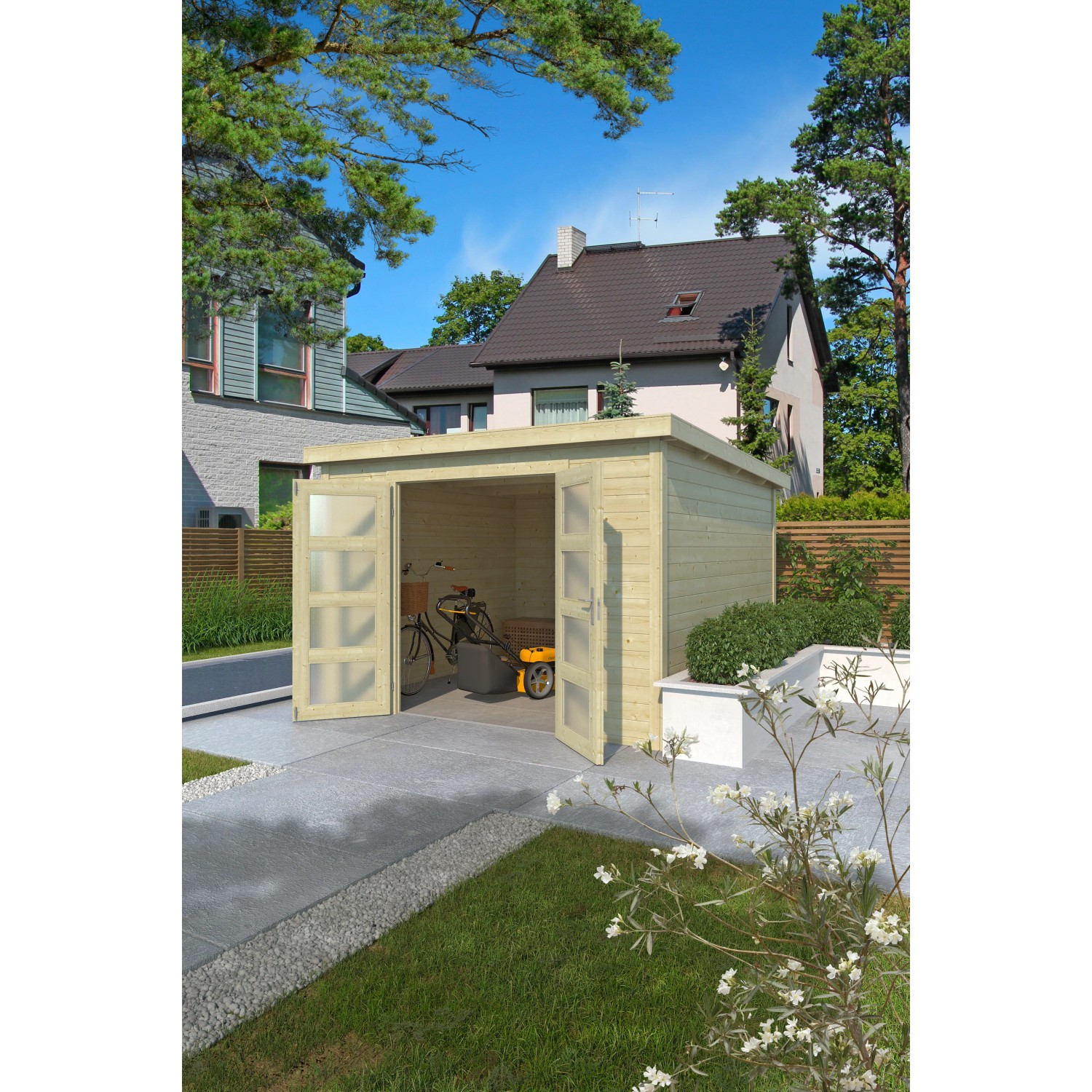 Lasita Holz-Gartenhaus Zambezi 6, naturbelassen mit geöffneten Türen und Gartengeräten im Inneren.