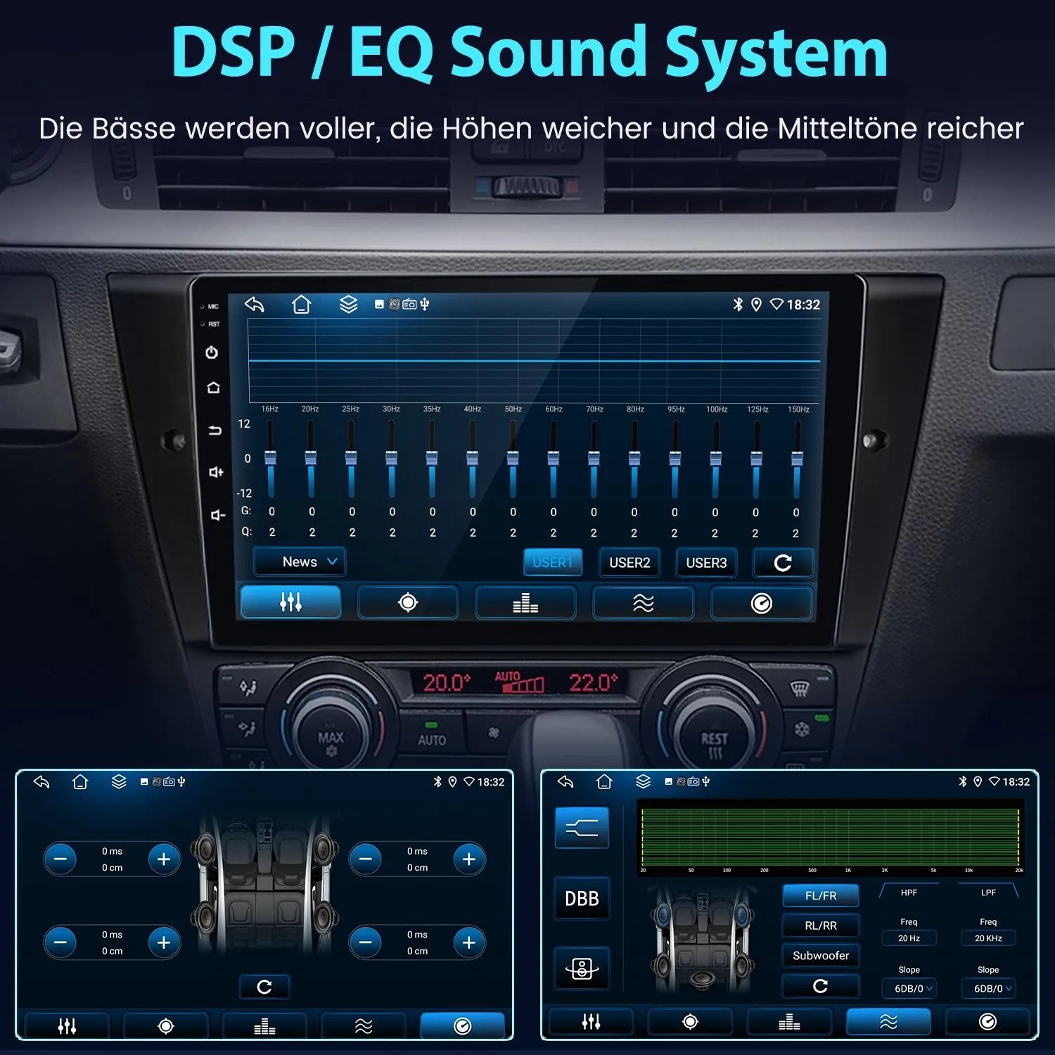 Junsun 9 Zoll Autoradio mit DSP/EQ Soundsystem für BMW E90/E91/E92. Zeigt Equalizer- und Soundeinstellungen.