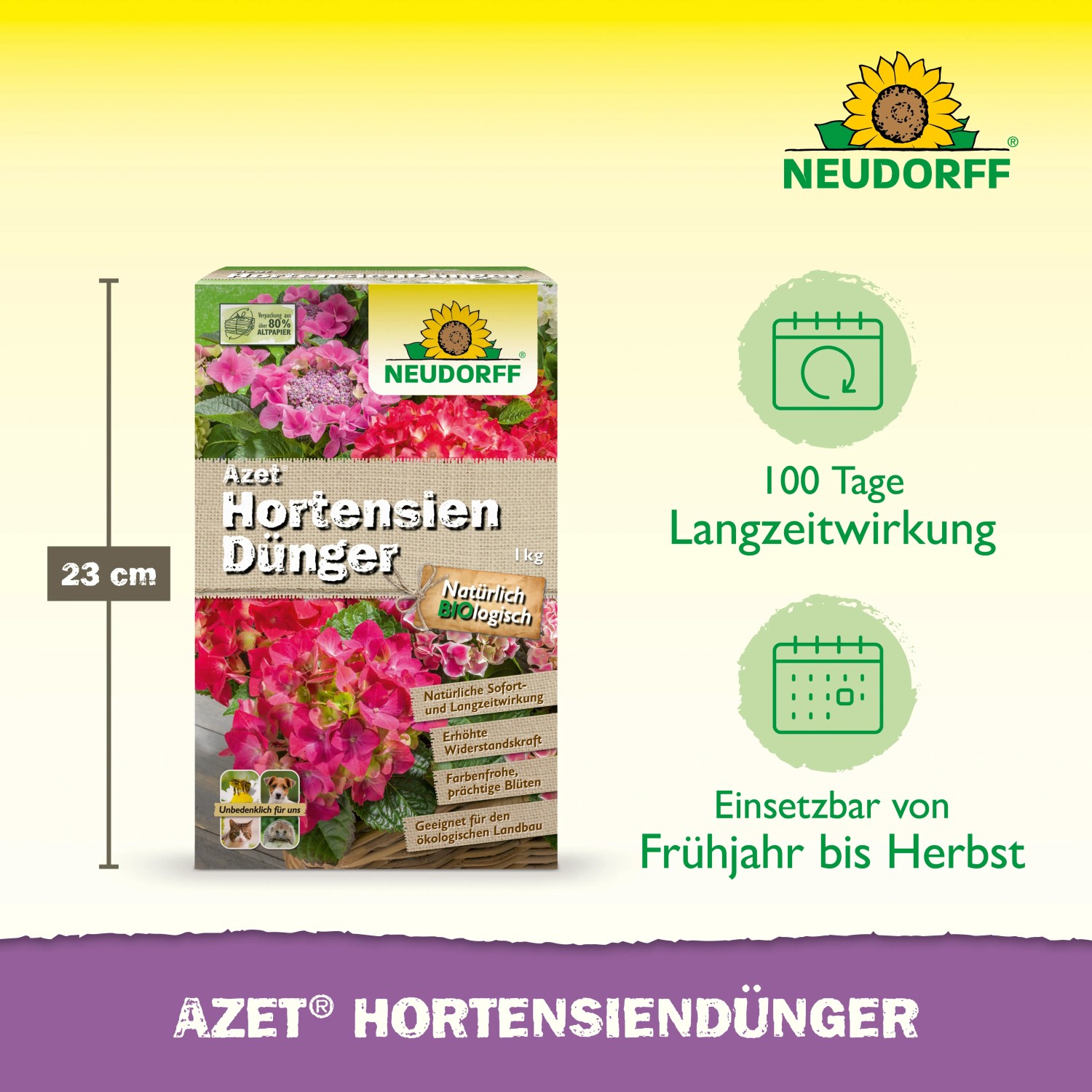 Neudorff Azet Hortensiendünger 1 kg Packung für farbenfrohe Blüten und erhöhte Widerstandskraft.