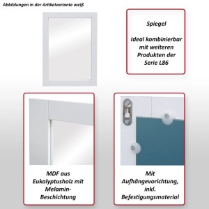 MCW Wandspiegel L86 in Marmor-Optik Weiß, Details zu Material und Aufhängung.