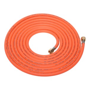 Flexibler, orangefarbener 6 m Propan-Gasschlauch aus Gummi mit Anschlüssen für Lötgeräte.
