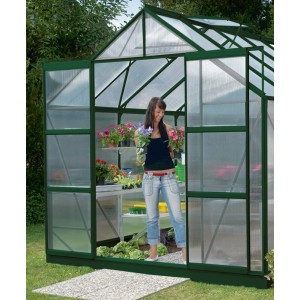 Doppeltür-Set für Meridian Gewächshaus, grüne Rahmen, Frau mit Blumen im Eingang.