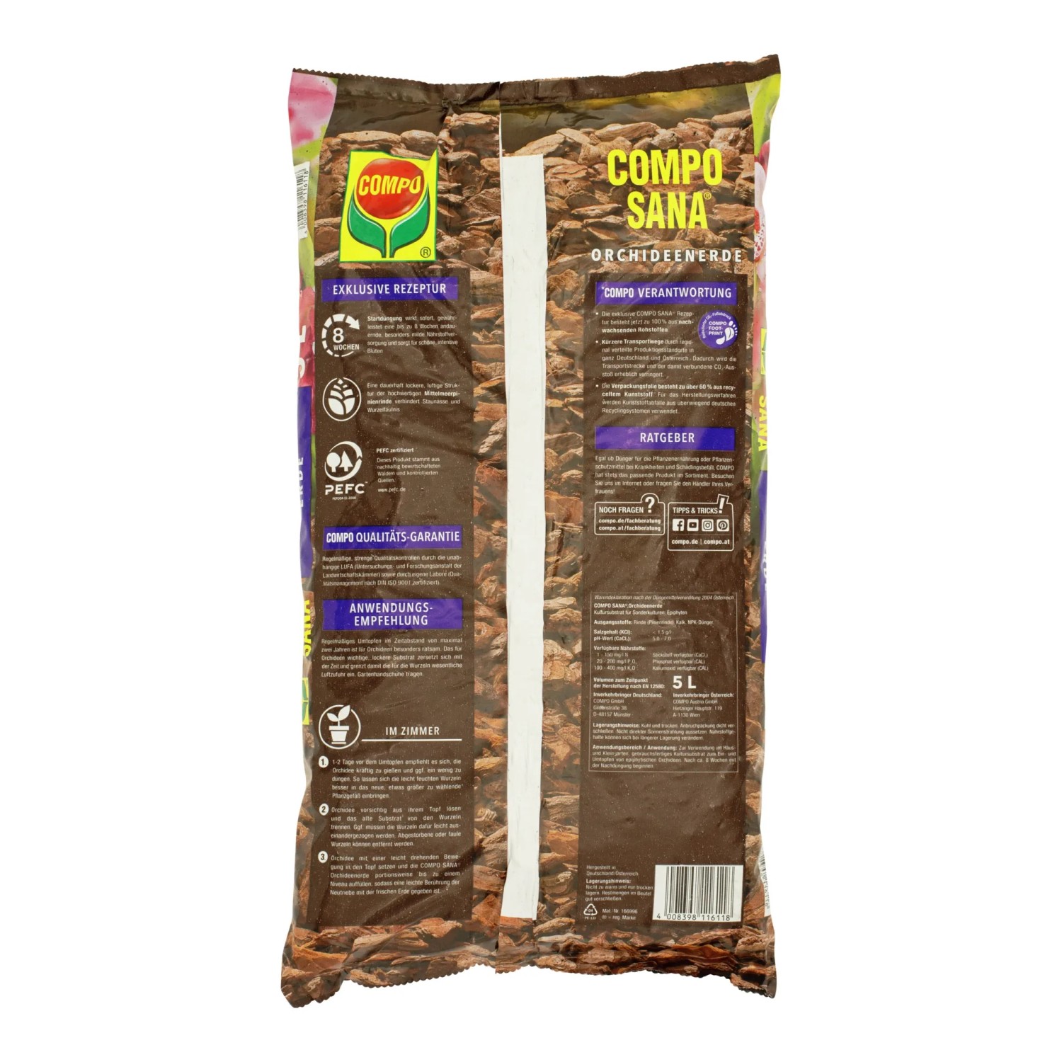 Compo Sana Orchideenerde, 5 l, torffreie Spezialerde für Orchideen mit Pinienrinde.