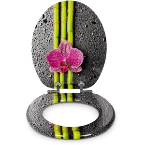 Sanfino WC-Sitz Green Bamboo: Toilettendeckel mit Absenkautomatik, Holz, Bambus- und Orchideen-Motiv.