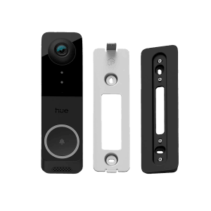 Philips Hue Türklingelkamera Secure, kabelgebunden, in Schwarz mit Montagezubehör.