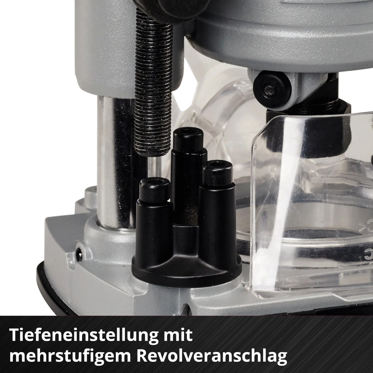 Detailaufnahme der Einhell Akku-Oberfräse TP-RO 18 Li BL mit Tiefeneinstellung und Revolveranschlag.