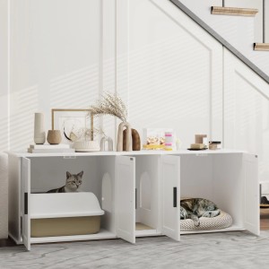 Weißer PawHut Katzenklo Schrank aus MDF mit zwei Fächern, Katze in Katzentoilette & schlafender Katze. Stilvolles Katzenmöbel.
