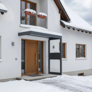 Modernes Palram Vordach Sophia 2150 mit Seitenwand in Anthrazit und klarer Acrylglas-Verglasung am Hauseingang.
