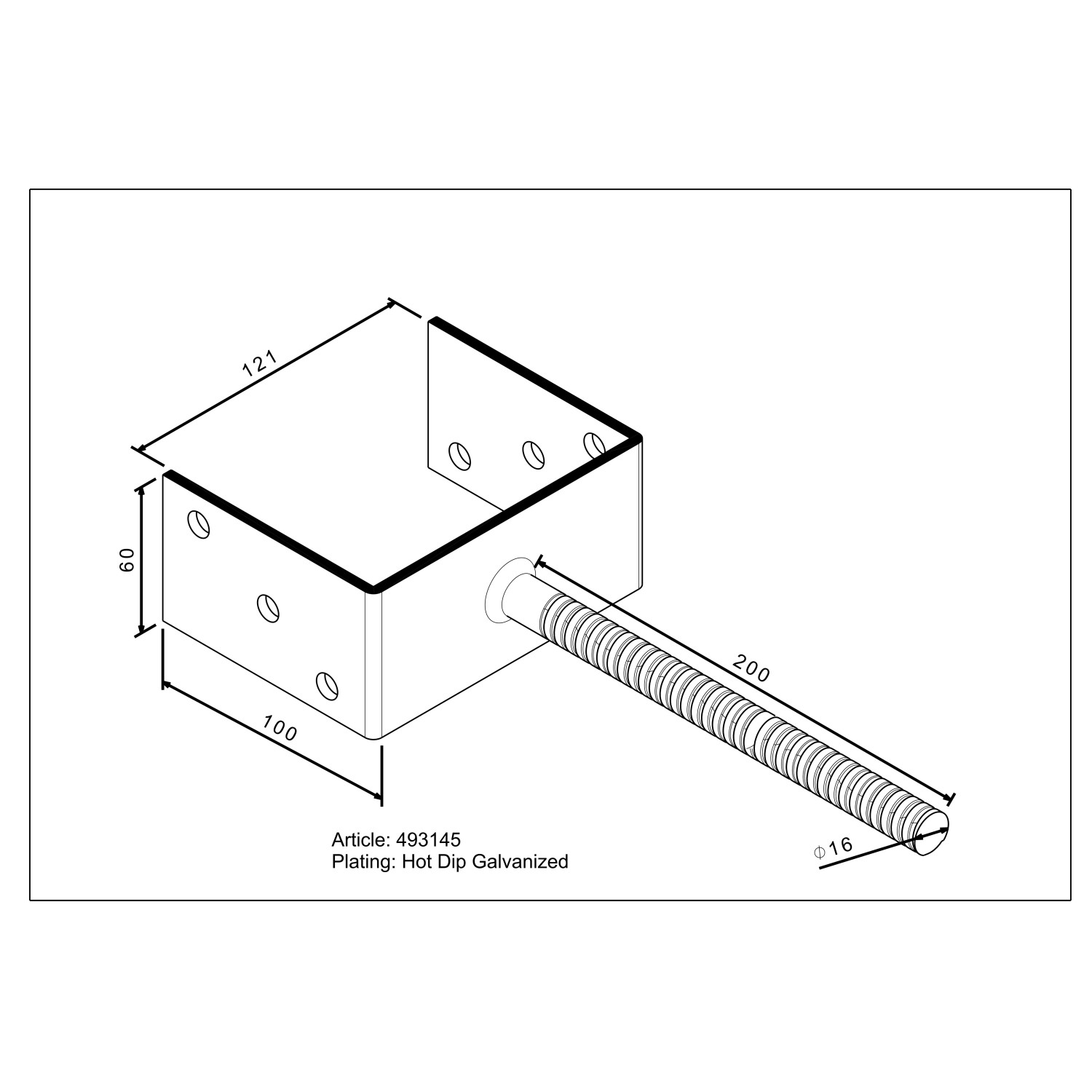 Stützenschuh U-Form 121mm zum Einbetonieren mit Riffeldolle, feuerverzinkt.