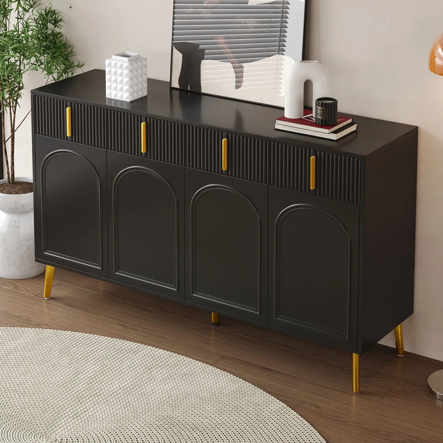 okwish Sideboard mit 4 Türen 4 Schubladen Goldgriffen Wohnzimmer Esszimmer 140x38x82cm Schwarz_4