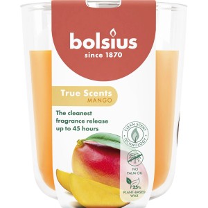Orangefarbene Bolsius Duftkerze True Scents Mango im Glas, für tropischen Duft im Raum.